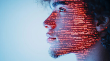 A close-up of a man's face overlaid with glowing red code.
