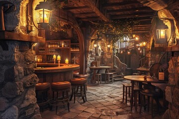Fantasy Architecture: Indoor Medieval Tavern with Stone Castle Interior Design