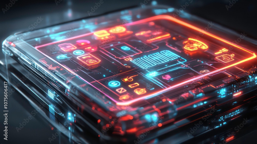 Poster a futuristic transparent device with glowing neon circuits and app icons.
