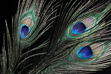 Fototapeta premium Three beautiful peacock feathers on black background, closeup