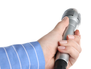 Woman with microphone on white background, closeup