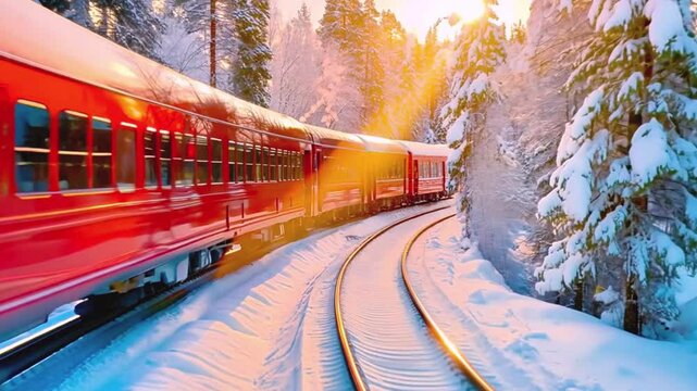 Red train moving through snowy forest at sunset, serene winter landscape.