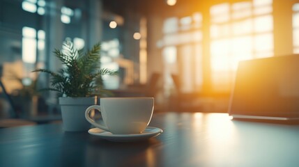 Fototapeta premium Modern Office Desk with Laptop and Coffee Cup