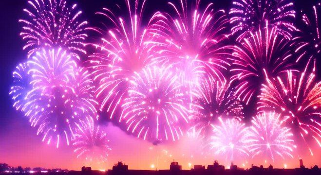 New Years Eve fireworks loop with a real fireworks background that is seamless abstract Fireworks display with bokeh lights and a multicolored golden glow in the night sky video 4K