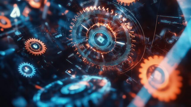 A futuristic high-tech background showcasing rotating gears and digital components in a holographic space