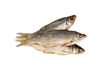 Dry roach, salted fish isolated, dried rutilus, taranka beer snack, whole salted and dried fish, prepared seafood