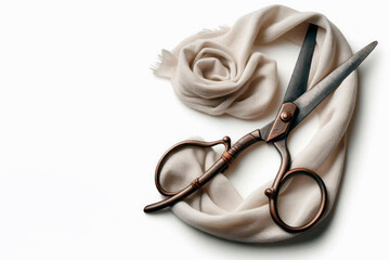 Fototapeta premium Vintage scissors lying on fabric. Space for text.