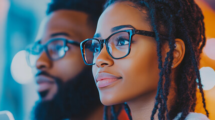 Close-up portrait of a young Black woman wearing glasses, looking to the side with a thoughtful expression.