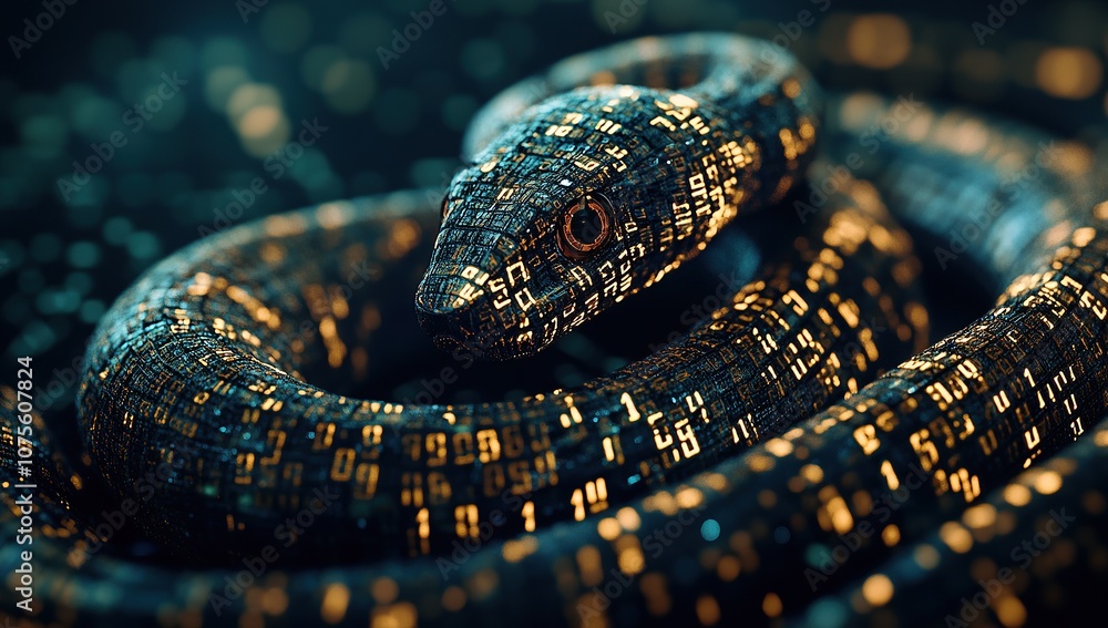 Fototapete a snake made of binary code, coiled around an array of numbers and digital symbols