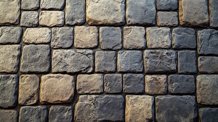 Obraz premium Close-up view of a cobblestone pavement with a natural stone texture.