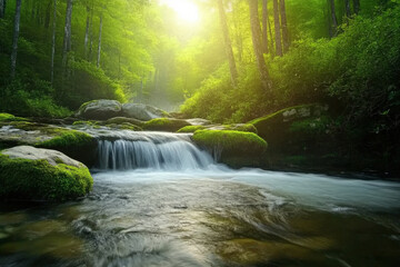 Obraz premium Cascading Waterfall in Lush Green Forest