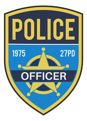 A blue and yellow badge with a star and the word police officer