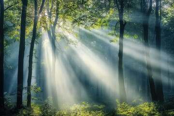 Fototapeta premium Misty Forest with Sun Rays