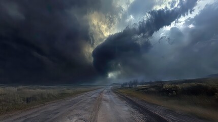A dramatic tornado forms above a deserted road, illustrating the power of nature and the beauty of stormy weather.