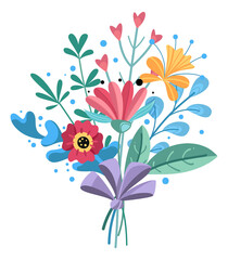 A bouquet of flowers with a purple ribbon