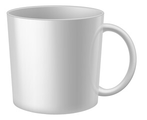 A white cup with a handle sits on a white background