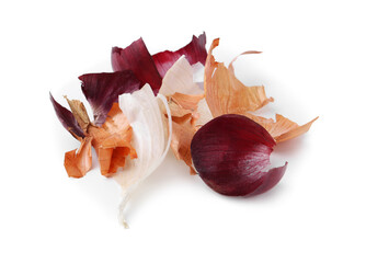 Pile of different onion peels isolated on white