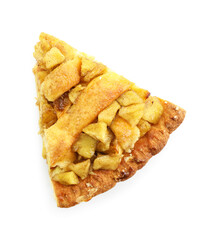 Slice of homemade apple pie isolated on white, top view