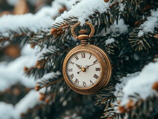 a vintage clock is hanging on a branch of a snowy Christmas tree
