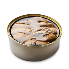 Tasty sprats in tin can isolated on white