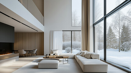 Fototapeta premium Modern minimalist living room with sleek furniture clean lines and neutral colors featuring large windows and natural light