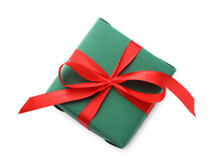 Beautiful gift box with red bow isolated on white, top view