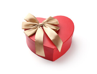 Heart shaped gift box with golden bow isolated on white