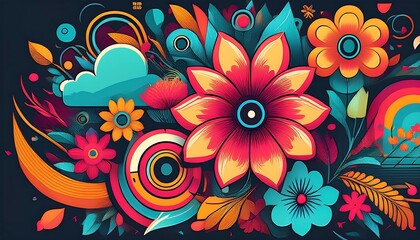  A colorful vector design featuring vibrant flowers, cartoonish elements, and a mix of retro_1(127)