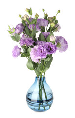 Vase with beautiful violet eustoma flowers isolated on white