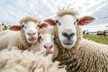 Obraz premium Three sheep are huddled together, with one of them looking at the camera. The sheep are all white and appear to be enjoying each other's company. The scene is peaceful and heartwarming