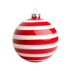 Christmas ornament with red and white stripes, showcasing a shiny surface and a festive design isolated on white background, perfect for holiday decorations.