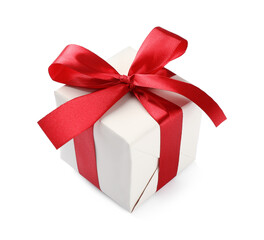 Beautiful gift box with red bow isolated on white