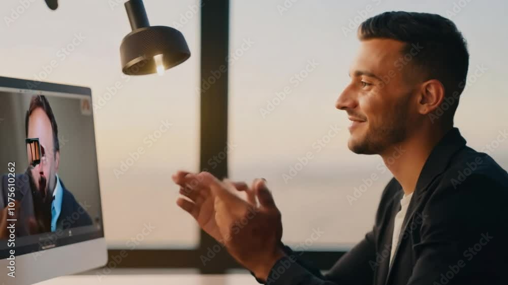 Poster handsome man engaged in video chat while working on a computer generative ai