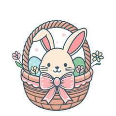 Cute easter bunny with easter basket and eggs. greeting card with hand lettering. vector isolated illustration