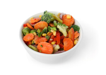 Mix of frozen vegetables in bowl isolated on white