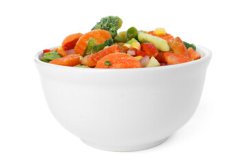 Mix of frozen vegetables in bowl isolated on white