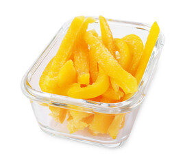 Pieces of frozen bell peppers in container isolated on white