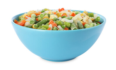 Mix of frozen vegetables in bowl isolated on white