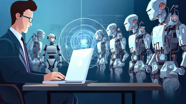 Robots replace people work. Job interview.