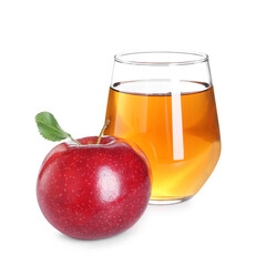 Tasty apple juice in glass and fresh fruit isolated on white