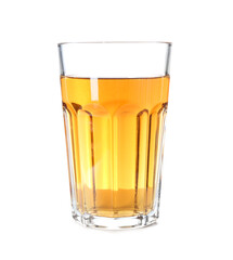 Tasty fresh apple juice in glass isolated on white