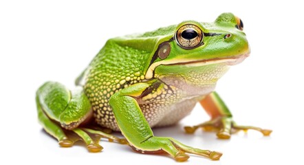Naklejka premium Frog Green. European Green Tree Frog Sitting Lurking in Isolated White Background