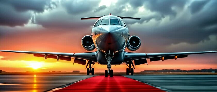  Private Jet on Airfield Runway with Red Carpet at Sunset. 4K Video of Luxury Travel, VIP Service, and Exclusive Experience.