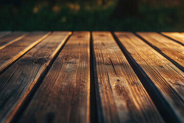 Natural sunlight illuminating polished wooden planks on a table in a serene outdoor setting during late afternoon. Generative AI