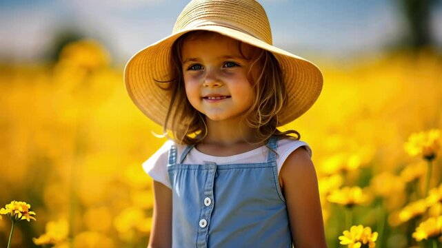 A little girl in a hat in a yellow field of flowers