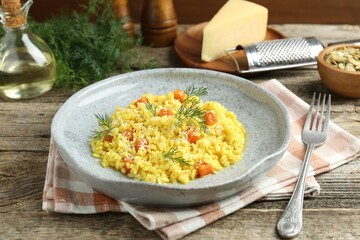 Delicious pumpkin risotto served on wooden table, closeup