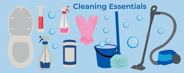 Set of essentials for cleaning, on a blue background with bubbles