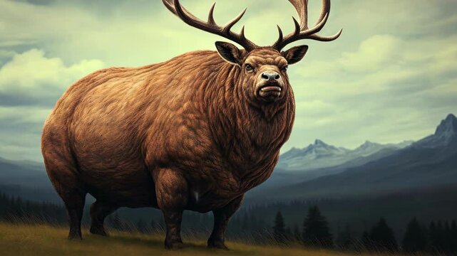 A fat moose is standing in forest. Animal obesity. Ecology.
