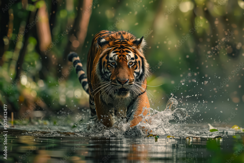 Poster tiger is running through a stream of water. the tiger is in the middle of the stream and is surround