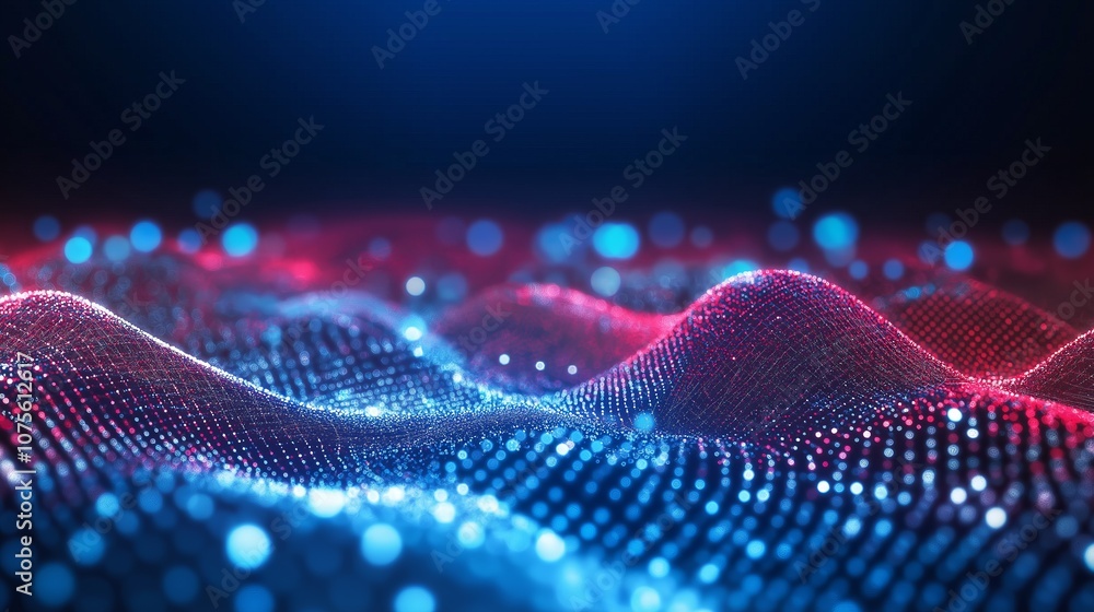 Poster glowing particles creating abstract red and blue waves background
